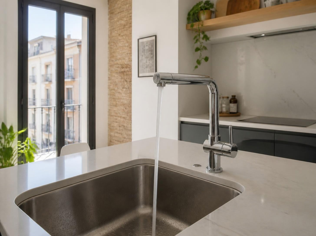 Cocina reformada con nueva instalación de fontanería tras el cambio de tuberías en Gijón