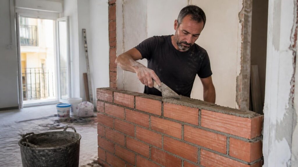 Albañil levantando un tabique de ladrillo en una reforma en Gijón