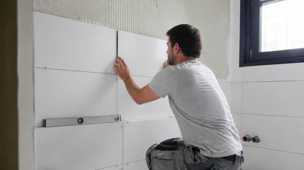 Albañil alicatando un baño durante una reforma en Gijón
